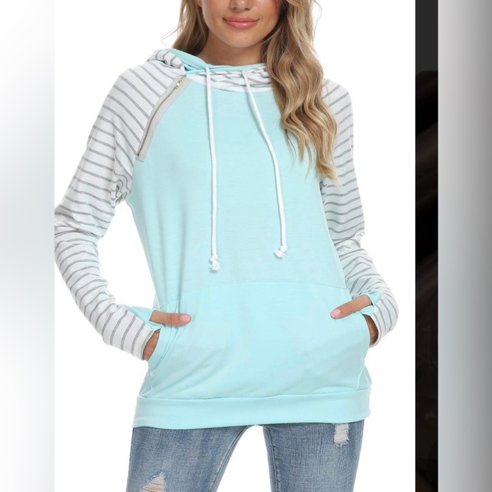 Striped Sleeve Pullover Hoodie - Light Blue
